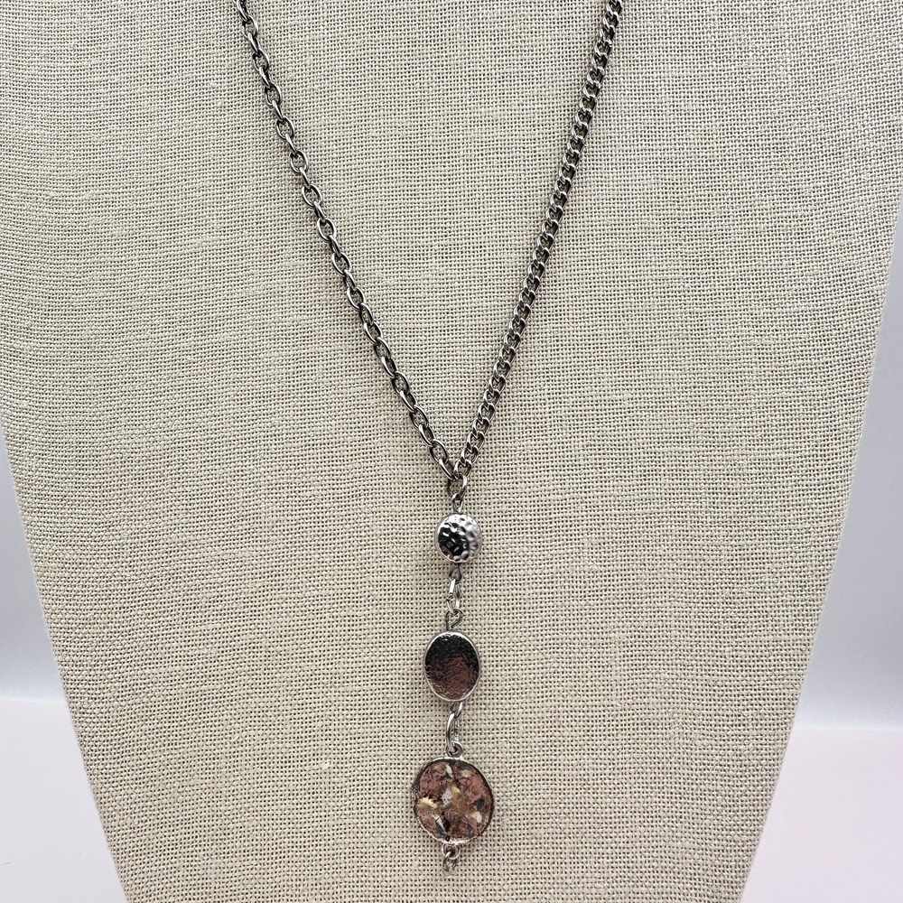 Vintage 90s Silver Tone Hammered Disc Drop Necklace Boho Jewelry